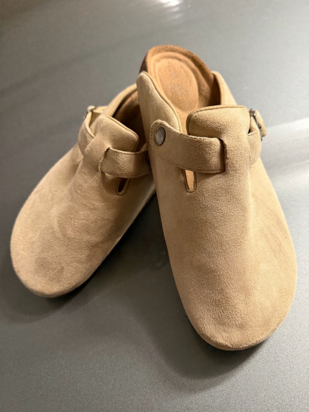 Suede Slip-On Clog Mules in Light Taupe